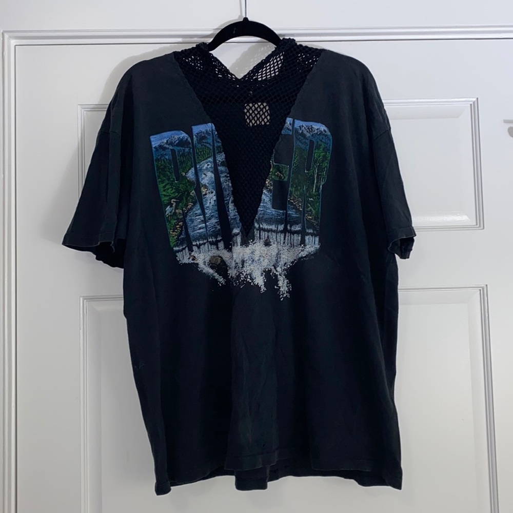 Fishnet Detail Oversized Graphic Tee w Hood